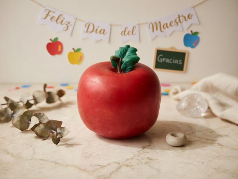 Red apple gift for Feliz Día del Maestro with a banner and miniature chalkboard on a marble desk.