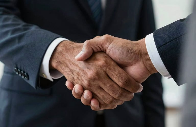 A close-up shot of a professional handshake taking place in a South Asian / Indian business setting, conveying trust and partnership.
