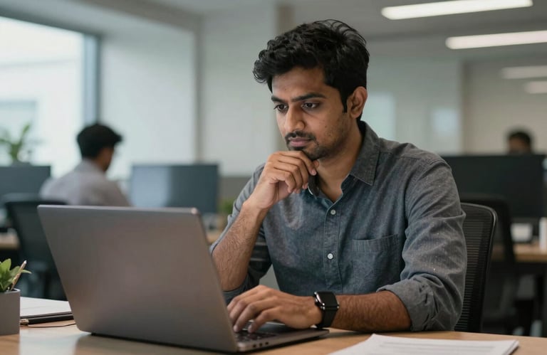 A professional in a modern South Asian / Indian office environment, looking thoughtfully at a laptop screen, symbolizing strategic depth and analysis.