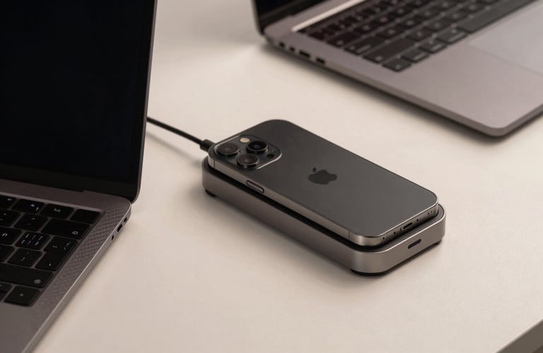 Close-up of a modern workstation with a carbon fiber laptop and a minimalist smartphone docking station. Professional lighting highlighting metallic textures and off-white surfaces.