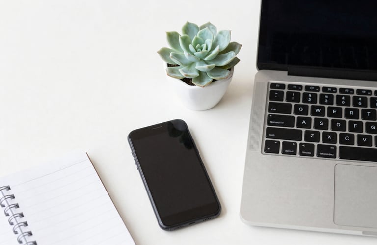 A professional developer's workspace with a laptop, a smartphone, and a notepad on a clean Soft White surface. A small Pale Mint Green succulent is in the frame. International / Global.