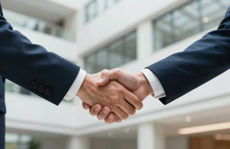 A professional handshake in a bright, modern corporate atrium with architectural elements in off-white and medium blue, North American / International context.