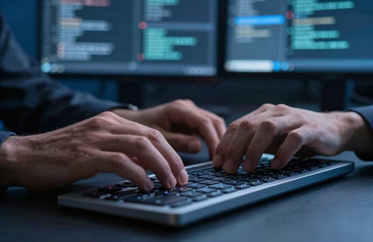 A close-up of hands typing on a modern keyboard in a dark blue lit workspace with blurred coding displays in the background, professional tech-forward mood.