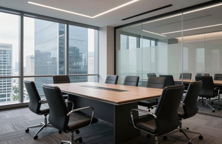 A sleek, professional meeting room in a North American skyscraper with minimalist furniture and glass walls, reflecting a mood of reliability and structure.
