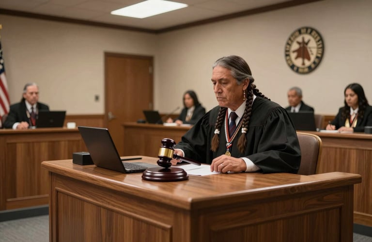 An interior shot of a formal tribal court room in North American style, showing a judge's bench with a gavel, representing criminal jurisdiction in Indian Country.
