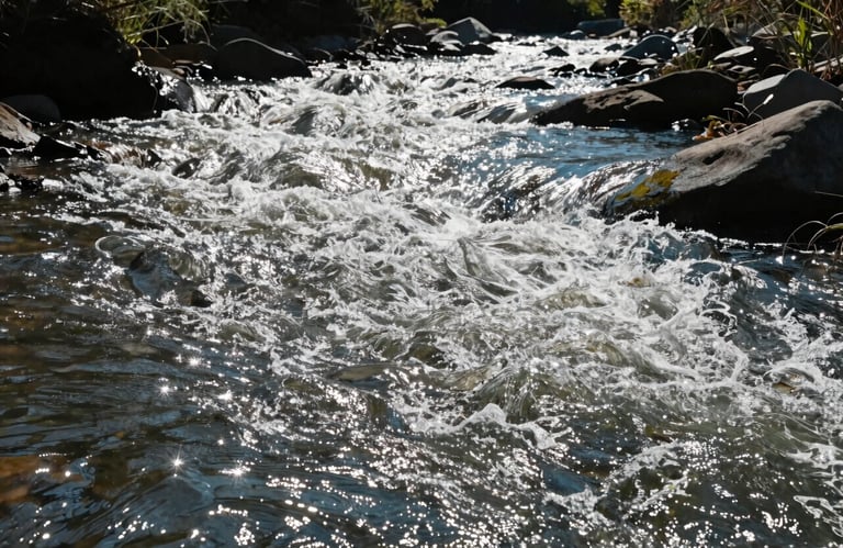 A close-up photograph of a river flowing through Indigenous territory, symbolizing Federal Indian Water Law and natural resources. Natural sunlight reflecting off the Silver water.