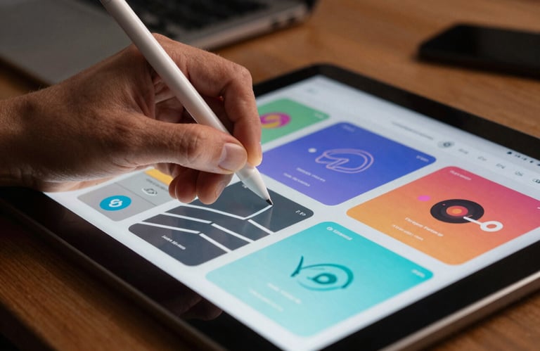 A close-up of a designer's hand using a precision stylus on a high-resolution tablet, showing a colorful app prototype in an Eastern European / Tech studio.