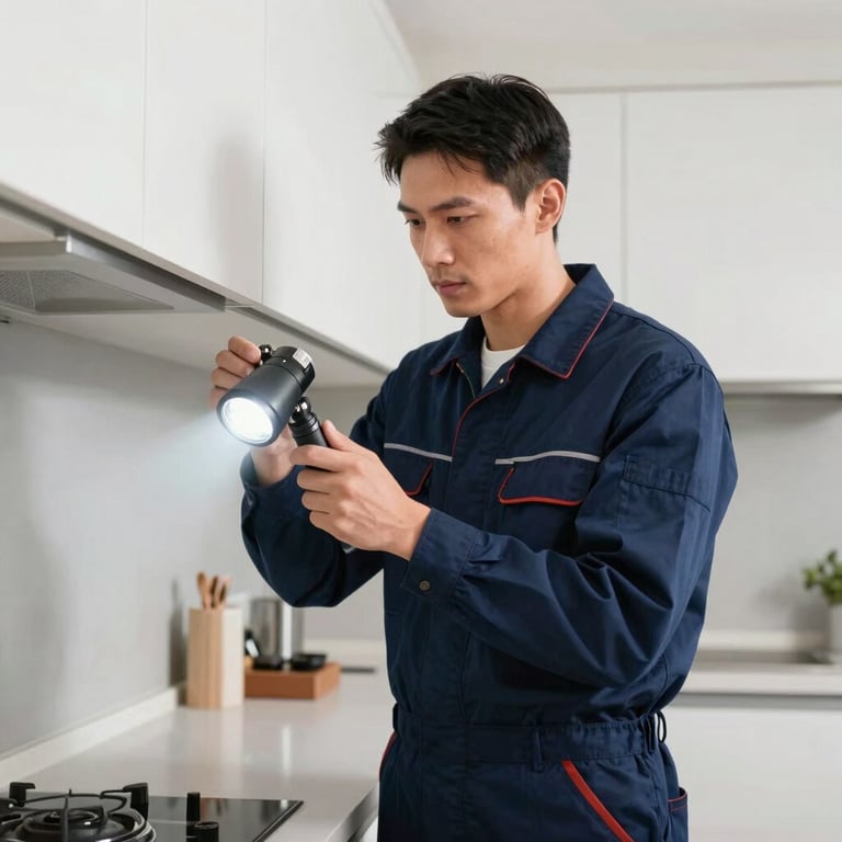A professional plumber in a dark blue uniform standing in a clean, modern kitchen, inspecting a pipe with a flashlight. He looks focused and efficient. The background is a bright, residential interior. Western European / French setting.