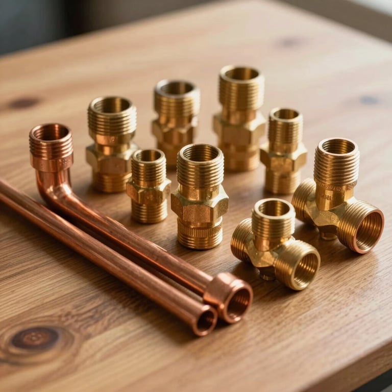 A collection of high-quality copper pipes and brass connectors arranged on a clean wooden table. The lighting is warm and professional, highlighting the quality of the materials used. Western European / French context.