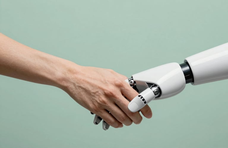 A macro photograph of two hands—one human, one a robotic prosthesis—joining together in a gesture of partnership. Clean studio lighting with soft #456E5E shadows.