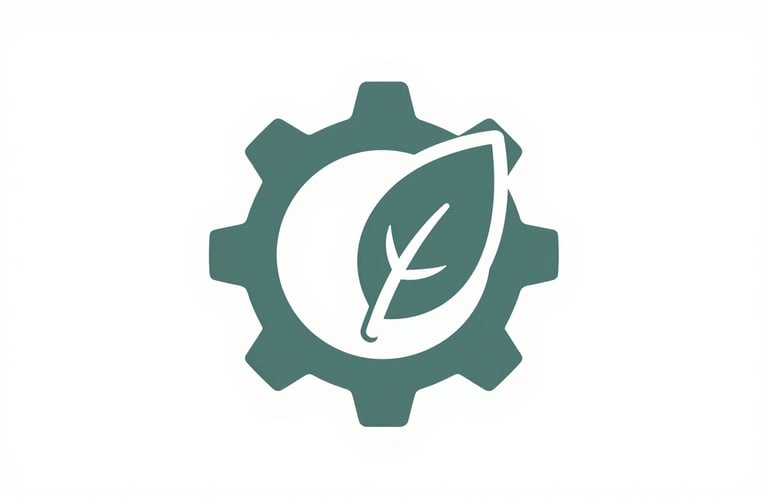 A minimalist and clean icon or abstract 3D shape representing a gear integrated with a leaf, symbolizing practical and organic growth, rendered in #456E5E on a light background.