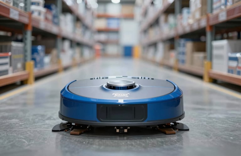 State-of-the-art floor cleaning robot in a warehouse aisle. Symmetrical composition with blue and grey tones.
