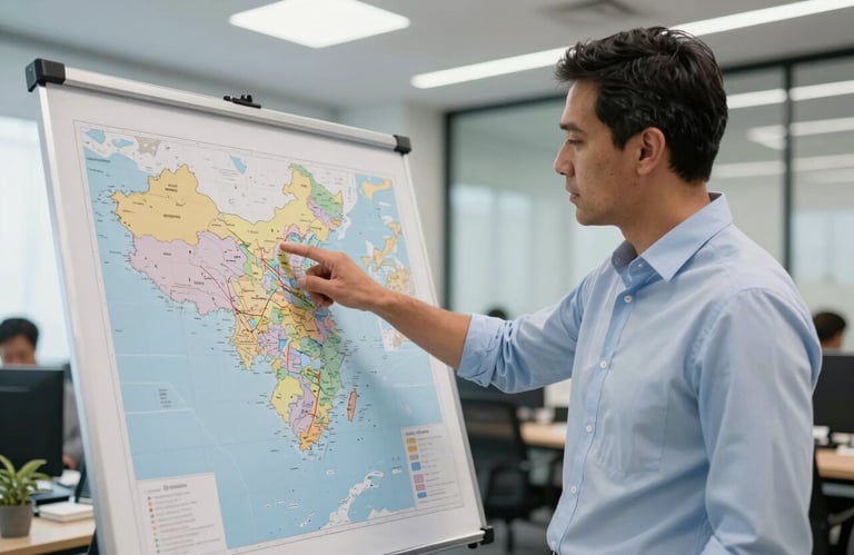 A professional logistics manager in a modern office in Mexico City, pointing at a map showing trade routes between China and Latin America, daylight, professional setting.