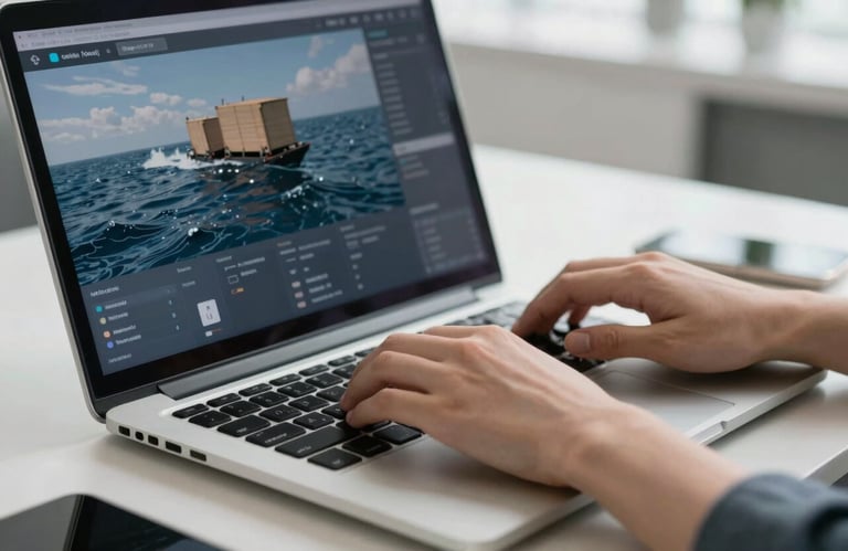 Close-up of hands typing on a laptop with a digital dashboard showing cargo tracking across the Pacific Ocean, professional office environment, soft white lighting.