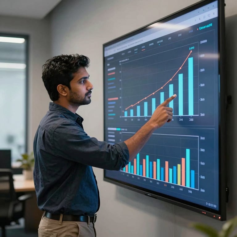 A South Asian / Indian data analyst pointing at a large digital screen displaying growth metrics and bar charts in a professional dark slate blue office environment.