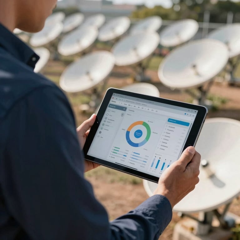 A person in a professional dark blue shirt using a modern tablet to monitor system performance in front of an antenna array, Brazilian setting, sunlight, focus on innovation and efficiency.