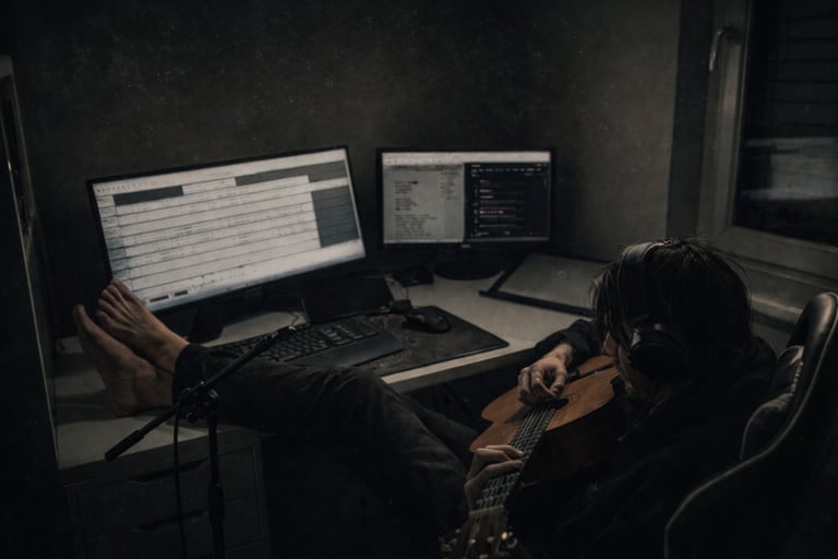 PreSexHeadache working on music production in a dark studio with guitar and computer screens