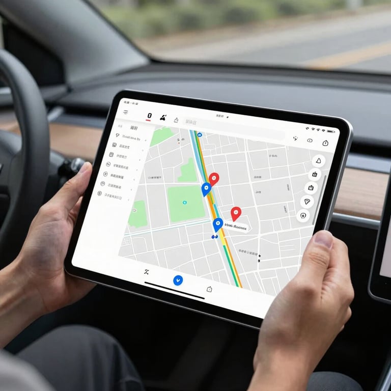 A professional tablet screen displaying a clean GPS map interface with tracking icons, held by a driver in a modern vehicle interior.
