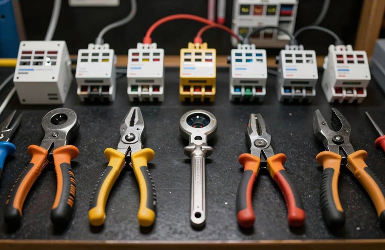 A set of high-quality professional electrical tools laid out neatly on a midnight black workspace in a North American / US electrical workshop.
