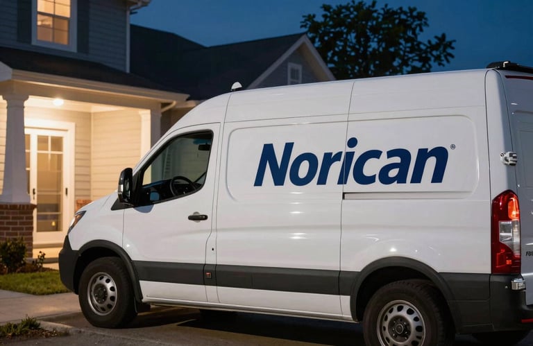 A professional service vehicle with a logo parked outside a North American / US home at night under bright exterior lighting.