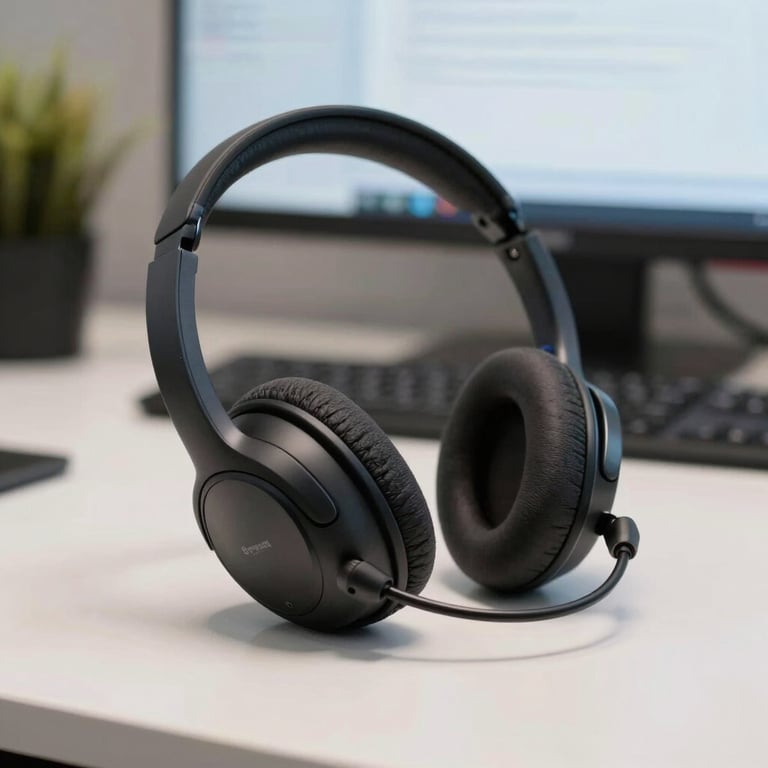 A modern headset resting on a clean office desk with a blurred glowing computer screen in the background, professional setup.