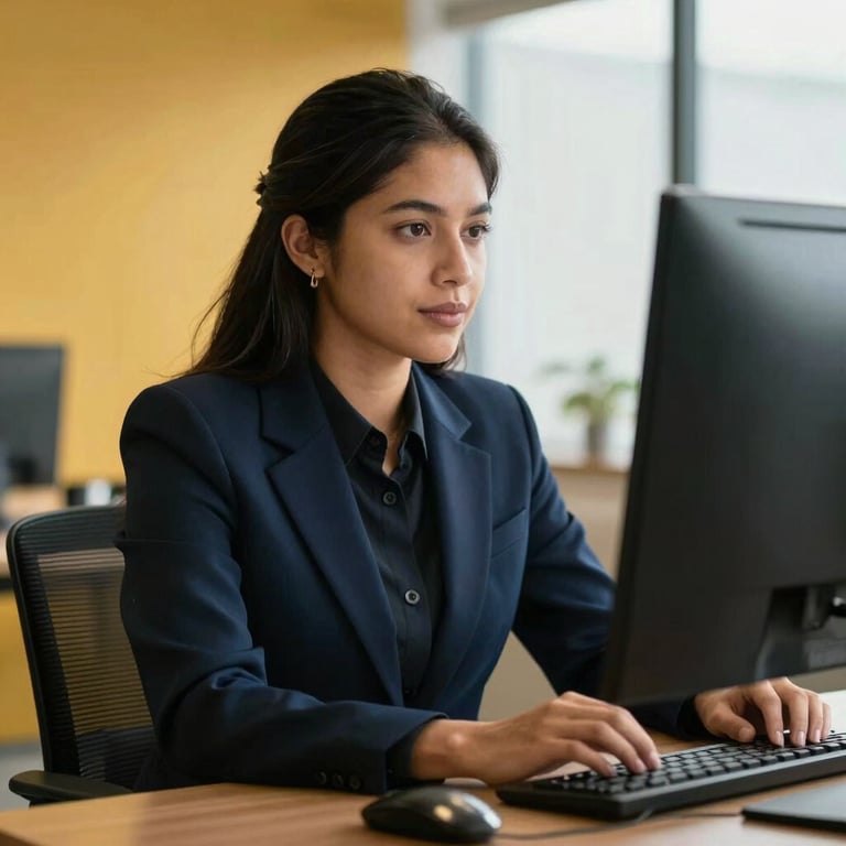 A confident South American / Brazilian professional looking at a monitor in a modern office, dark blue and golden yellow accents.