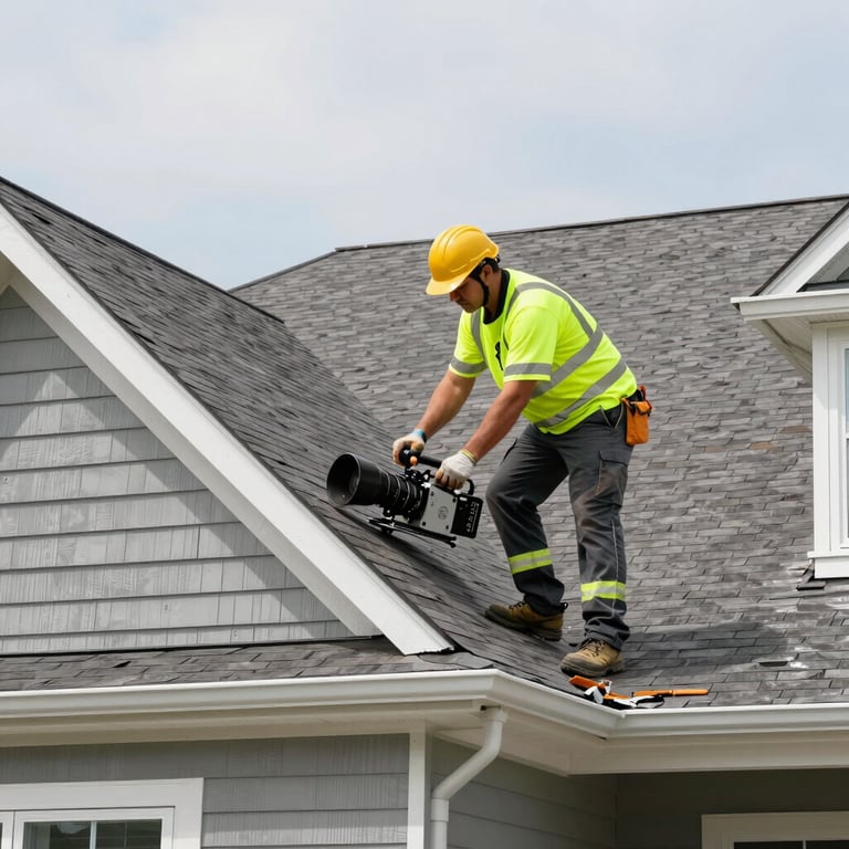 A wide shot showing an expert contractor in professional high-visibility gear working on a roof edge of a North American house. Bright daylight, clean composition.