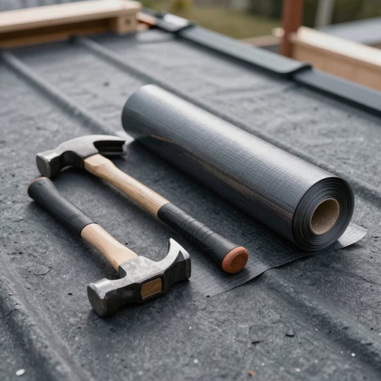 Still life photography of professional roofing tools, including a hammer and rolls of weatherproofing membrane, laid out on a clean North American construction site. Modern efficiency style with charcoal gray and slate tones.