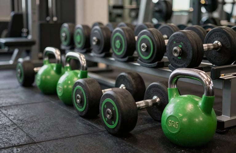 Row of premium dumbbells and kettlebells in a dark, professional fitness studio, sharp focus, electric green accents, modern West African / Nigerian gym aesthetic.