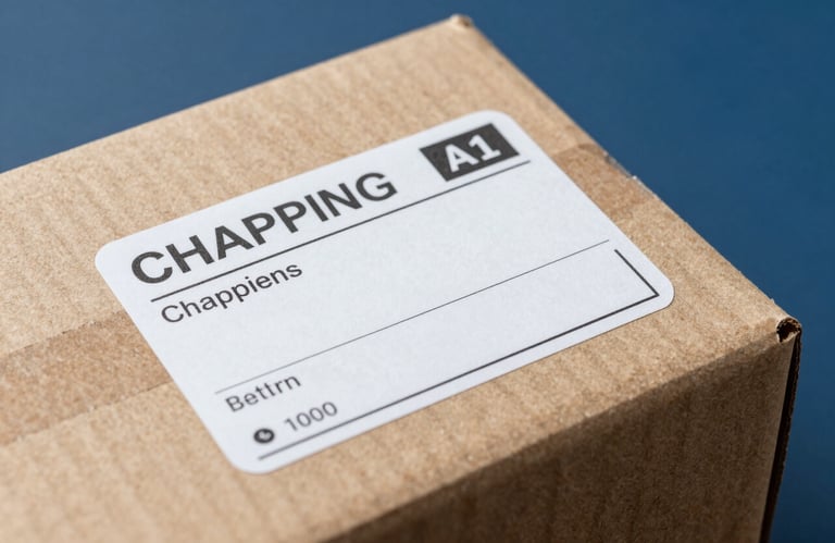 A macro shot of a shipping label being applied to a clean cardboard box, with professional stationery and a slate blue background palette, symbolizing precision.