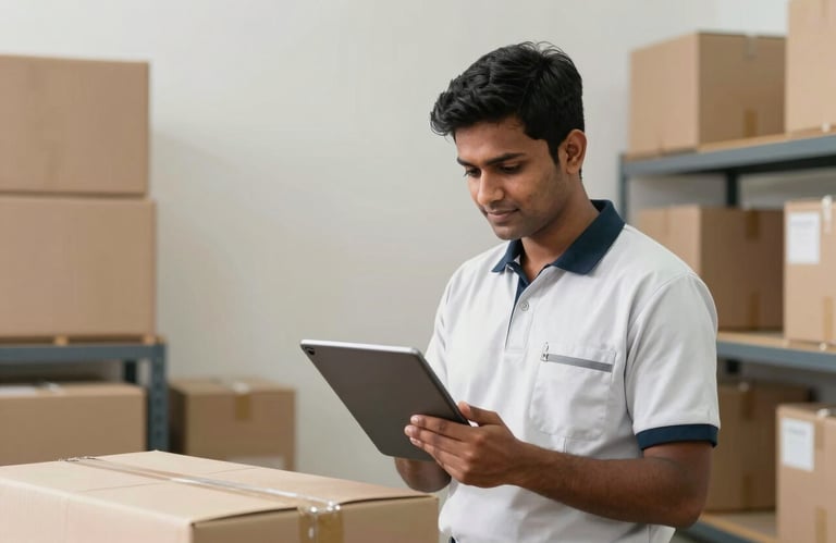 A logistics professional in a South Asian setting using a tablet to track shipments inside a bright, clean distribution center with off-white walls.