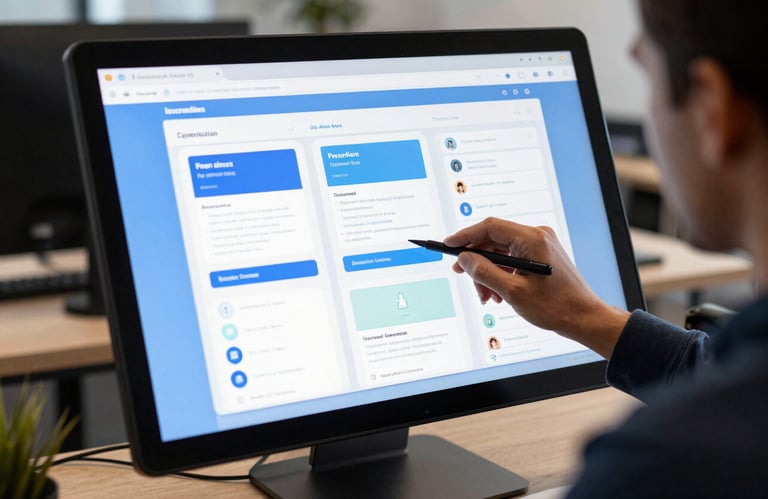 An interface designer in a North American / US creative studio environment, working on a large touch display showing intuitive app wireframes in Sky Blue and Mist White.