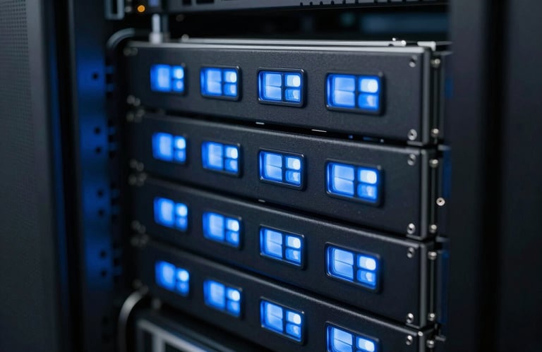 A close-up shot of high-tech hardware in a North American / US data center, illuminated by Deep Blue and Sky Blue status lights, representing secure and scalable technology.