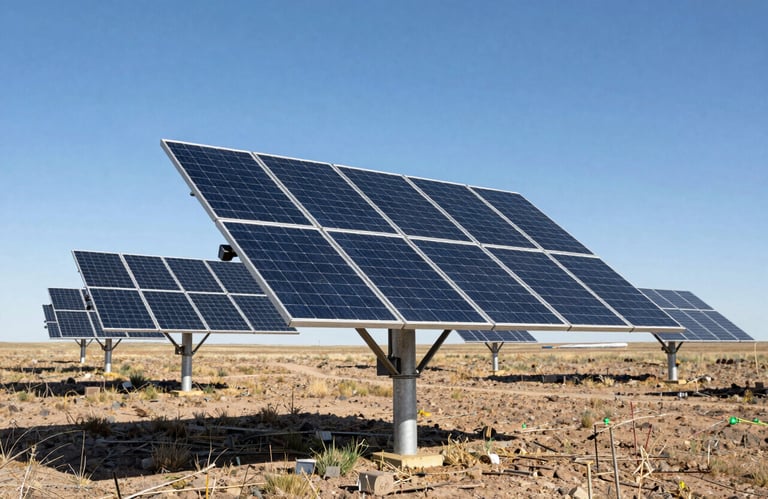 A commercial solar array standing in a vast, open North American / US landscape, modern industrial style, midday bright sun.