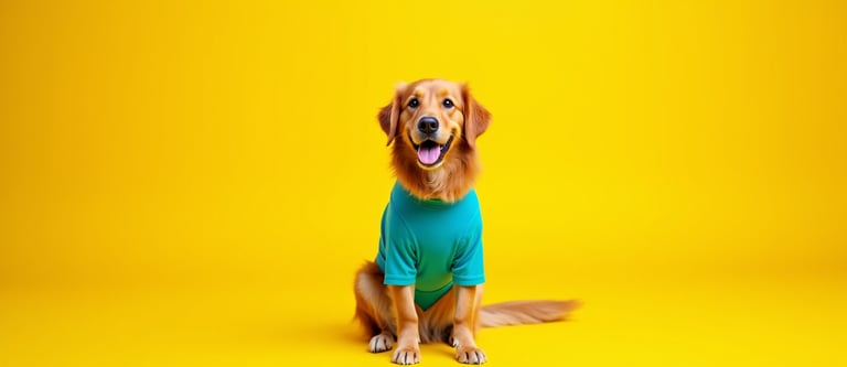 Un perro Golden Retriever feliz sentado y con una camiseta de color verde azulado.