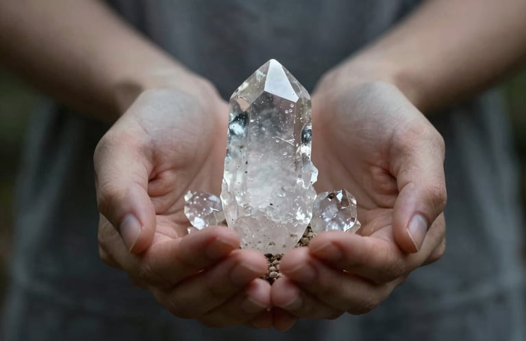 Two hands cupped together in soft silver grey lighting, holding a mist white crystal, suggesting healing and ancient energy.