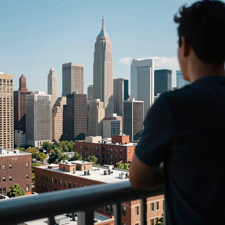 A person viewing a vibrant North American city skyline from a balcony, signifying a clear vision of the future and long-term success.