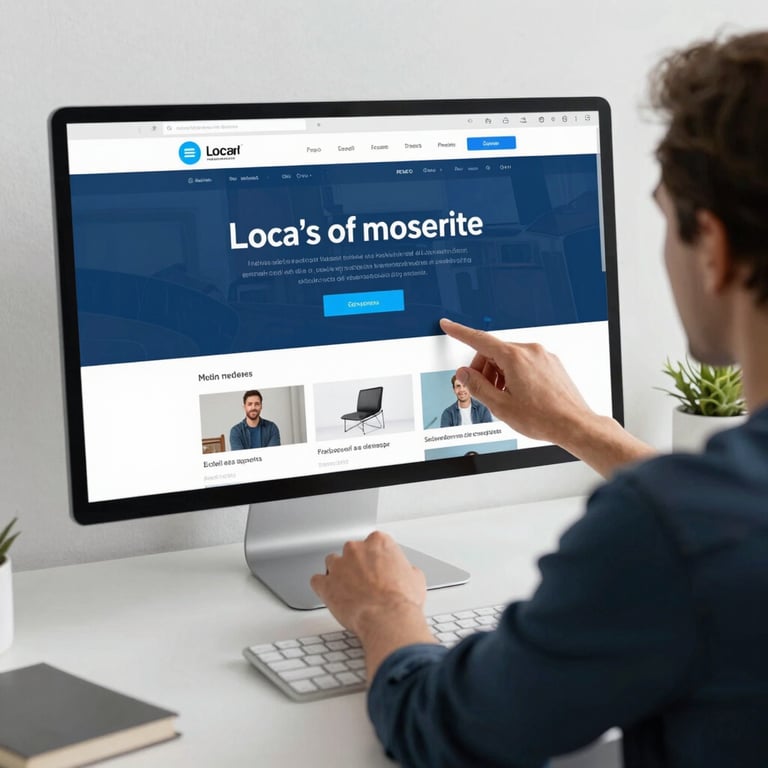 An action shot of a clean, modern workspace in Mexico where a designer is carefully adjusting the layout of a local business website on a large monitor. The colors are white, deep blue, and light blue.