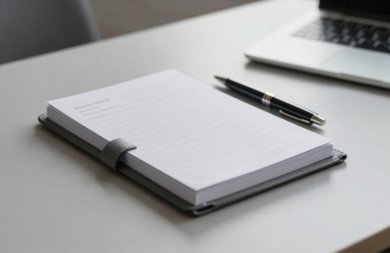 A sleek, professional leather-bound planner and a luxury pen on a modern desk, symbolizing strategy and planning in #546E7A.