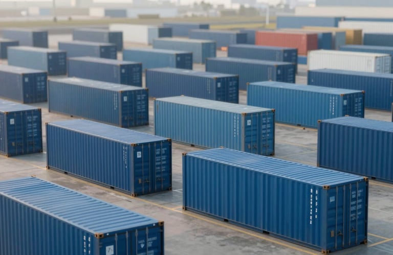 A wide shot of an impeccably organized logistics terminal with blue shipping containers, captured in soft morning light with professional #546E7A tones.