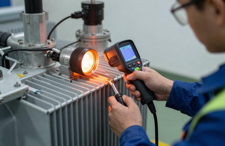 Hands of a technician wearing professional safety gear performing a thermal imaging scan on a transformer, minimalist and technical.