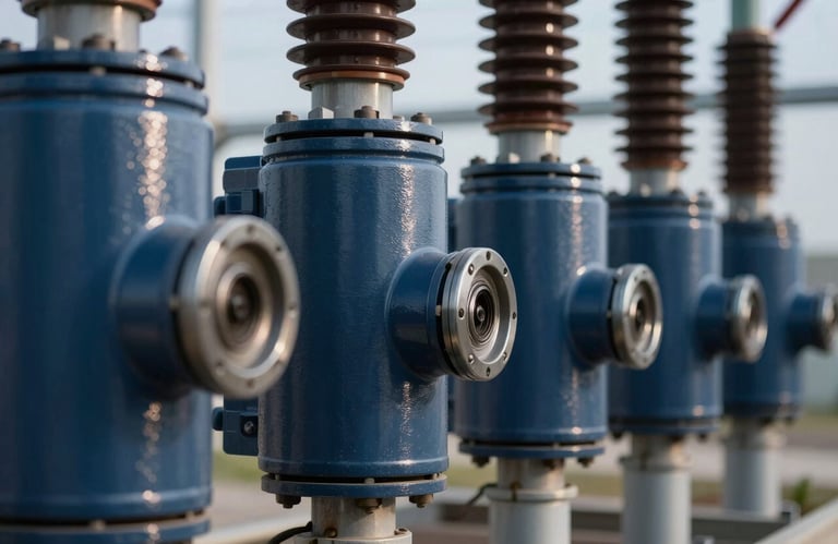 A row of high-voltage circuit breakers in a power plant, shot with a shallow depth of field, metallic surfaces reflecting a deep navy blue and soft grey-blue light.