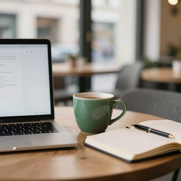 A creative workspace in a European cafe with a laptop and a notebook next to a matte forest green ceramic cup, soft natural light, professional photography.