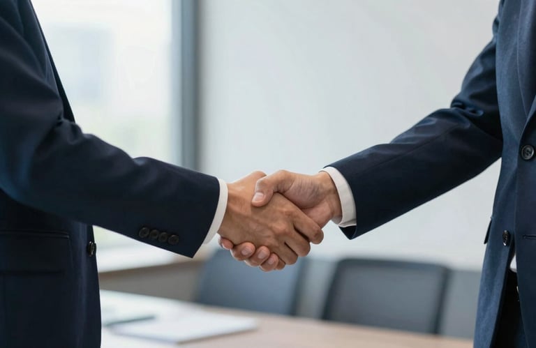A professional handshake between two business people in a modern office, signifying trust and a successful deal. The lighting is natural and bright, with a shallow depth of field. The office setting includes brand colors like muted blue furniture.