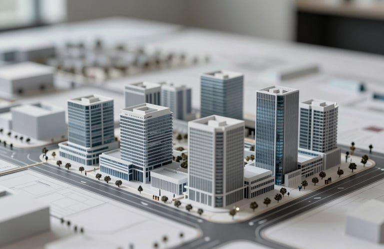A clean, high-tech architectural model of a new development, showing precision and planning. The style is professional and trustworthy, with a focus on details and sophisticated lighting using brand grays and blues.