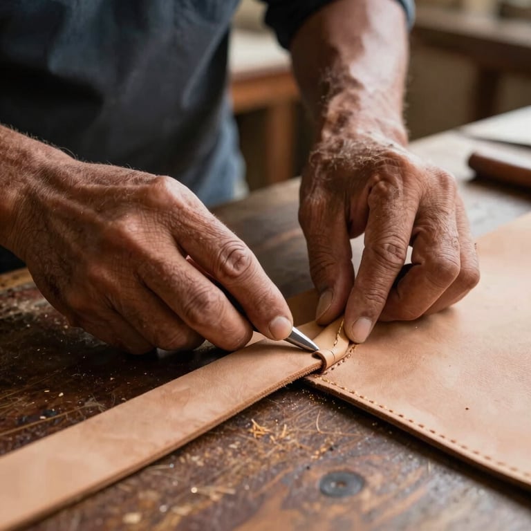 Hands of an artisan working with leather in a South American workshop, using traditional tools to refine the edges of a sand-colored belt, warm morning lighting.