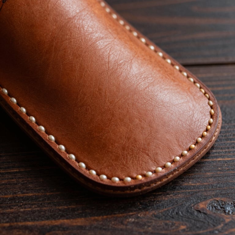 Close-up of a beautifully finished leather accessory, showcasing precise stitching and pearl-colored edges, presented on a dark wood surface in a South American setting.