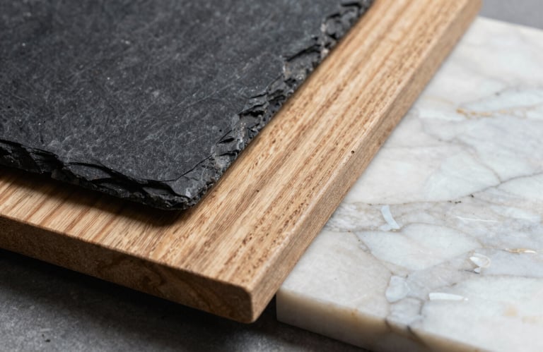 A close-up of premium construction material samples including charcoal slate, light oak, and polished pearl marble.