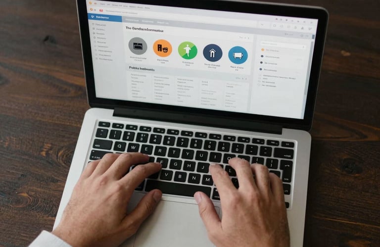 A top-down view of a professional's hands working on a sleek laptop displaying a project management dashboard.
