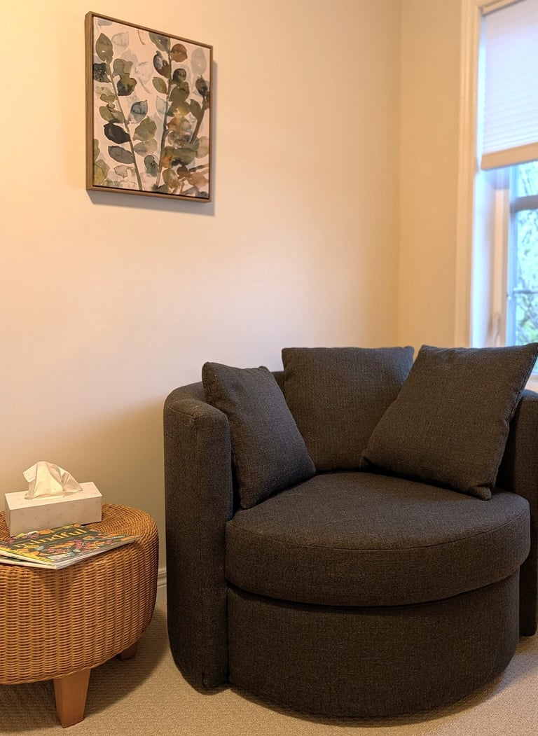 Comfortable seating in a private counseling room for community therapy services